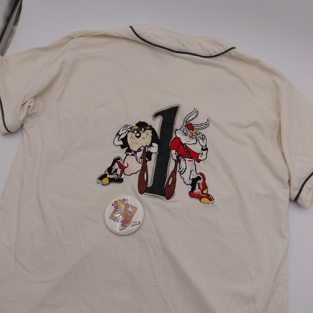 Vtg 1993 Acme Clothing Looney Tunes Baseball Jersey Bugs Bunny Taz Men L & Pin